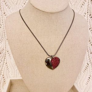 Dark silver and red jeweled heart necklace
